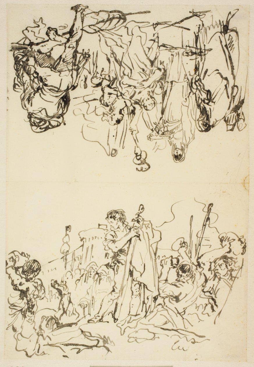 Gefaltetes Blatt mit "Das Martyrium des heiligen Stephanus und Agrippina landet in Brindisi mit der Asche des Germanicus" von Giovanni Domenico Tiepolo