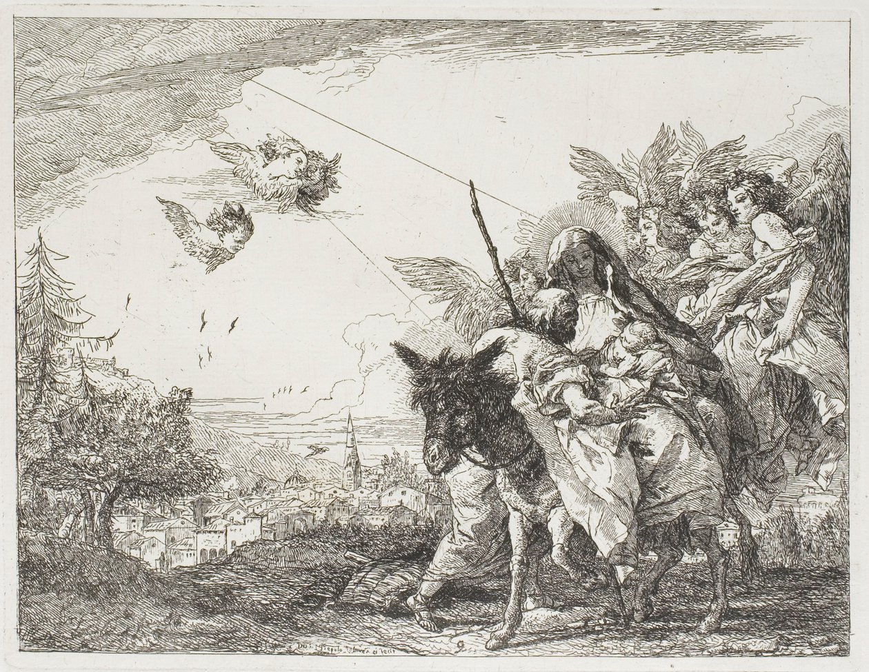 Joseph, der das Kind anbetet, das in Marias Armen gehalten wird, Platte neun aus Die Flucht nach Ägypten von Giovanni Domenico Tiepolo