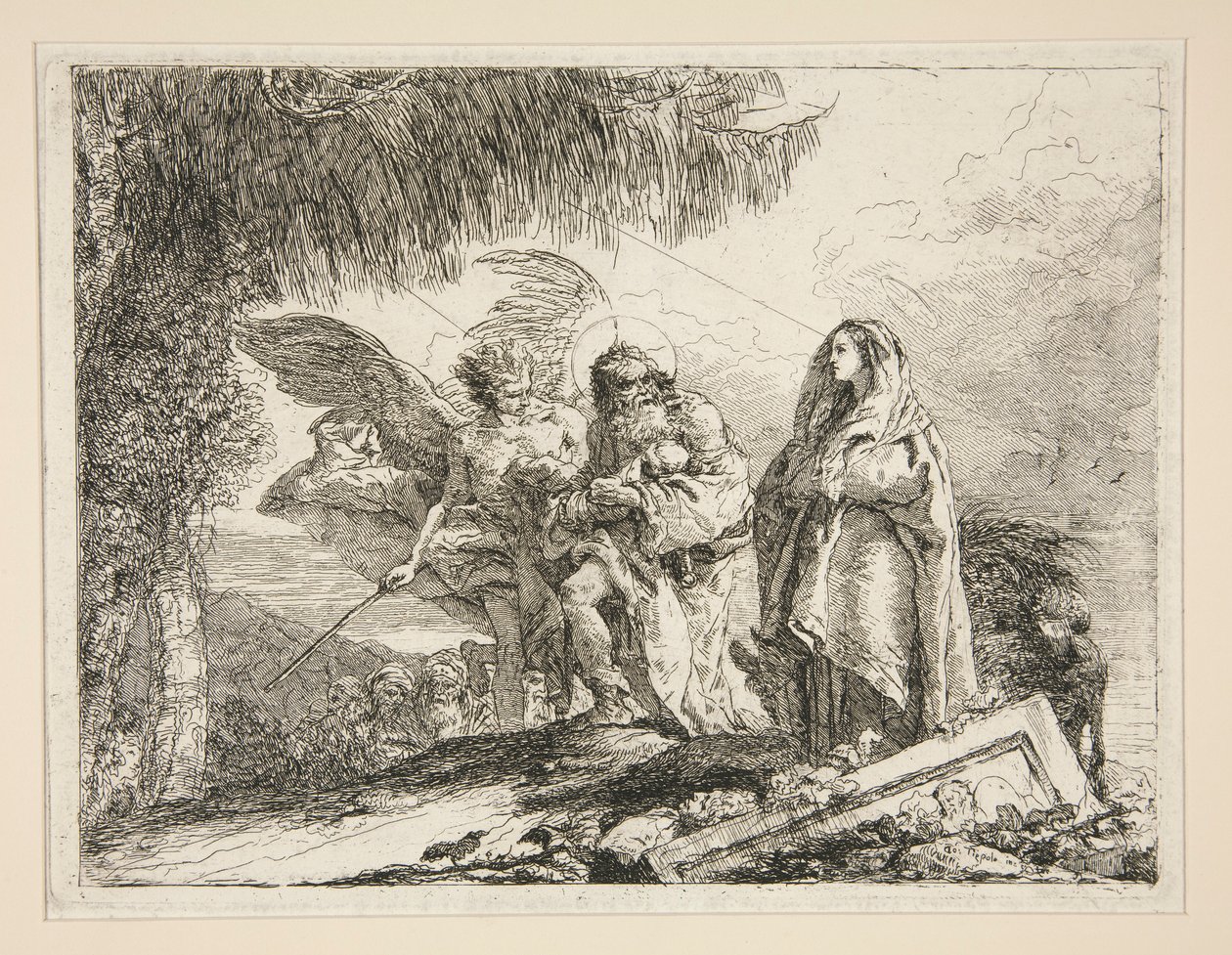 Joseph trägt Jesus in seinen Armen, aus der Serie Idee pittoresche sopra la fuga in Egitto (Flucht nach Ägypten) von Giovanni Domenico Tiepolo
