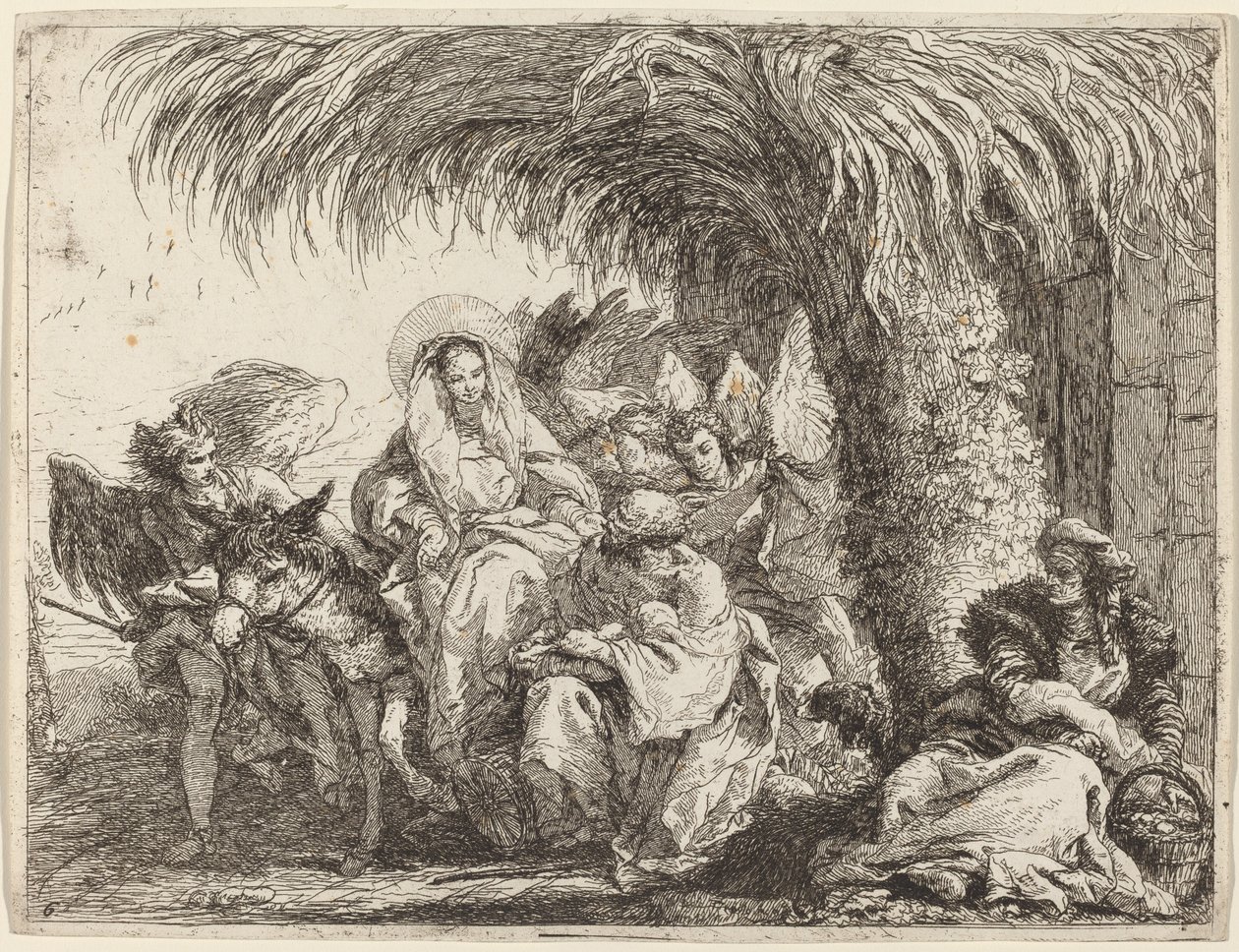 Joseph kniet mit dem Kind vor Maria auf dem Esel von Giovanni Domenico Tiepolo