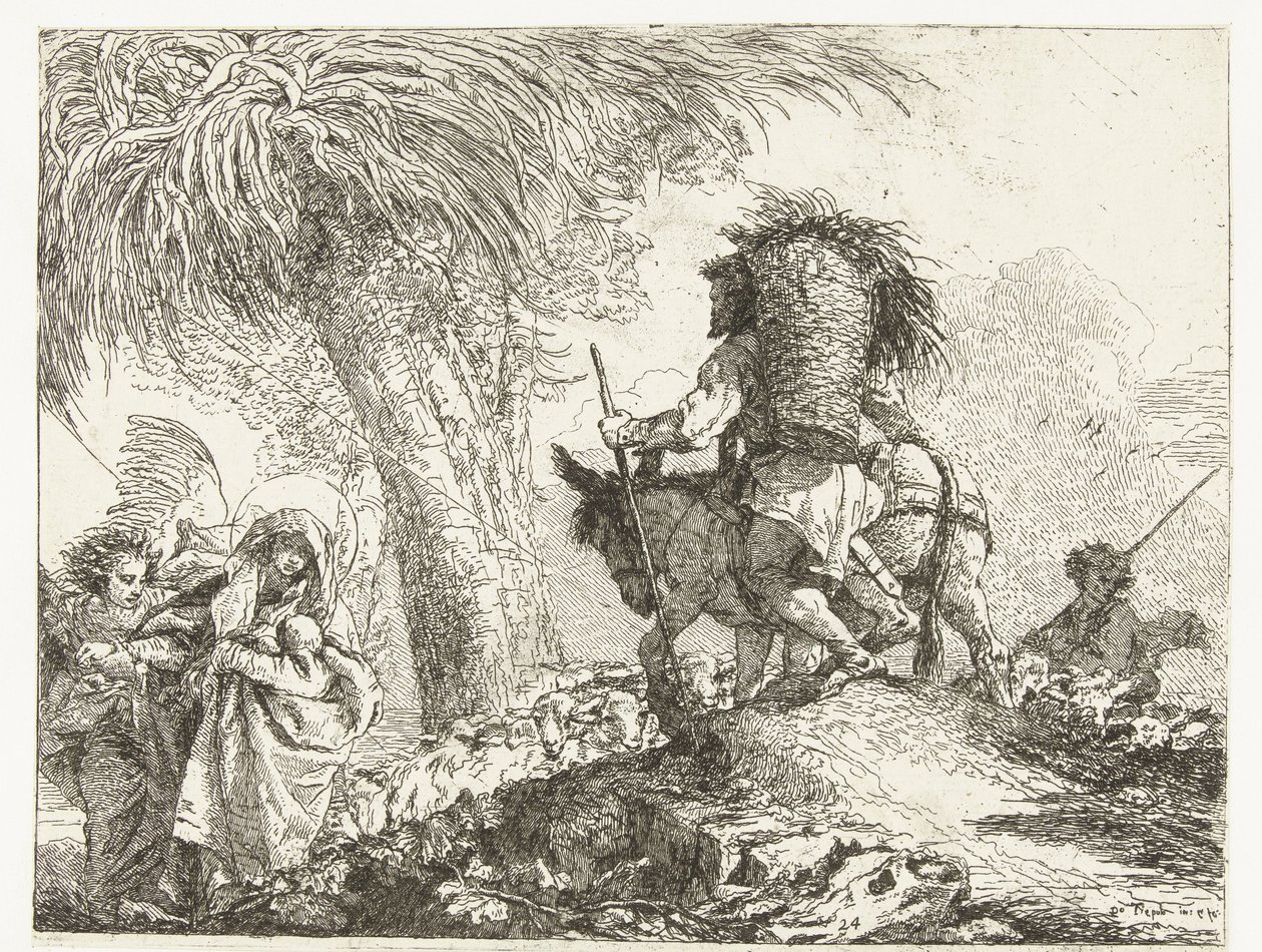 Maria mit Kind, unterstützt von einem Engel, und Josef führt einen Esel an einem Hirten mit Schafen vorbei (Flucht nach Ägypten) von Giovanni Domenico Tiepolo