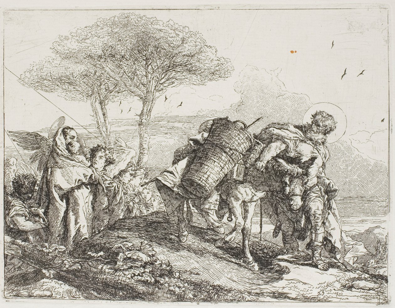 Maria, von zwei Engeln unterstützt, folgt Joseph mit dem Esel, Platte 25 aus Die Flucht nach Ägypten von Giovanni Domenico Tiepolo