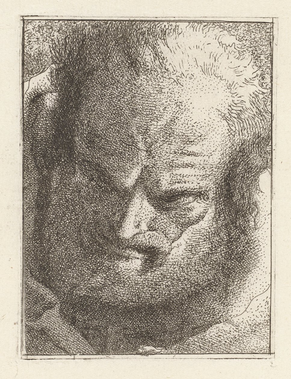 Alter Mann, der nach unten schaut, aus der Raccolta di Teste (Sammlung von Köpfen) von Giovanni Domenico Tiepolo