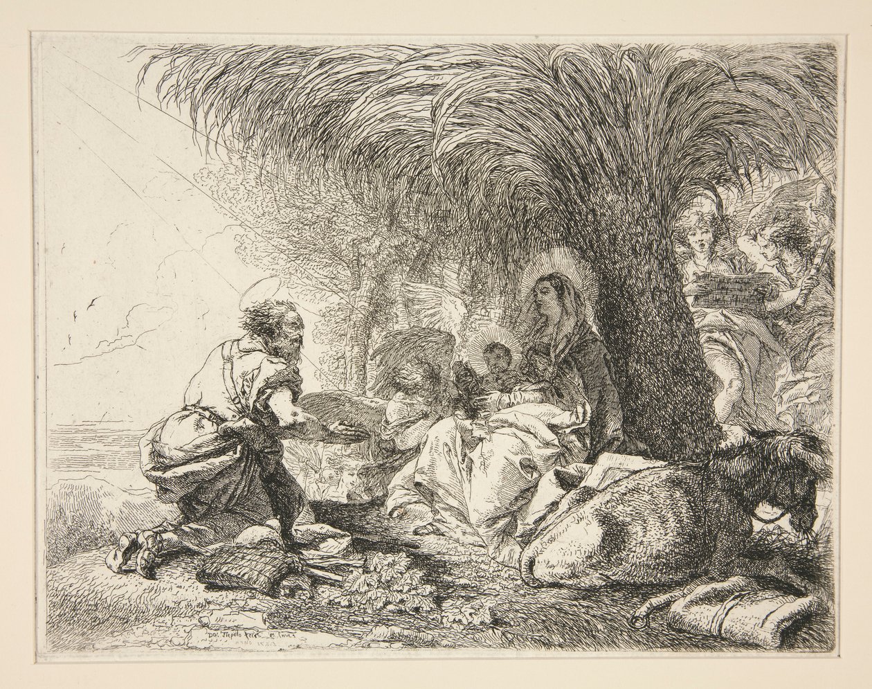 Der heilige Josef, der das Jesuskind anbetet, aus der Serie Idee pittoresche sopra la fuga in Egitto (Flucht nach Ägypten) von Giovanni Domenico Tiepolo