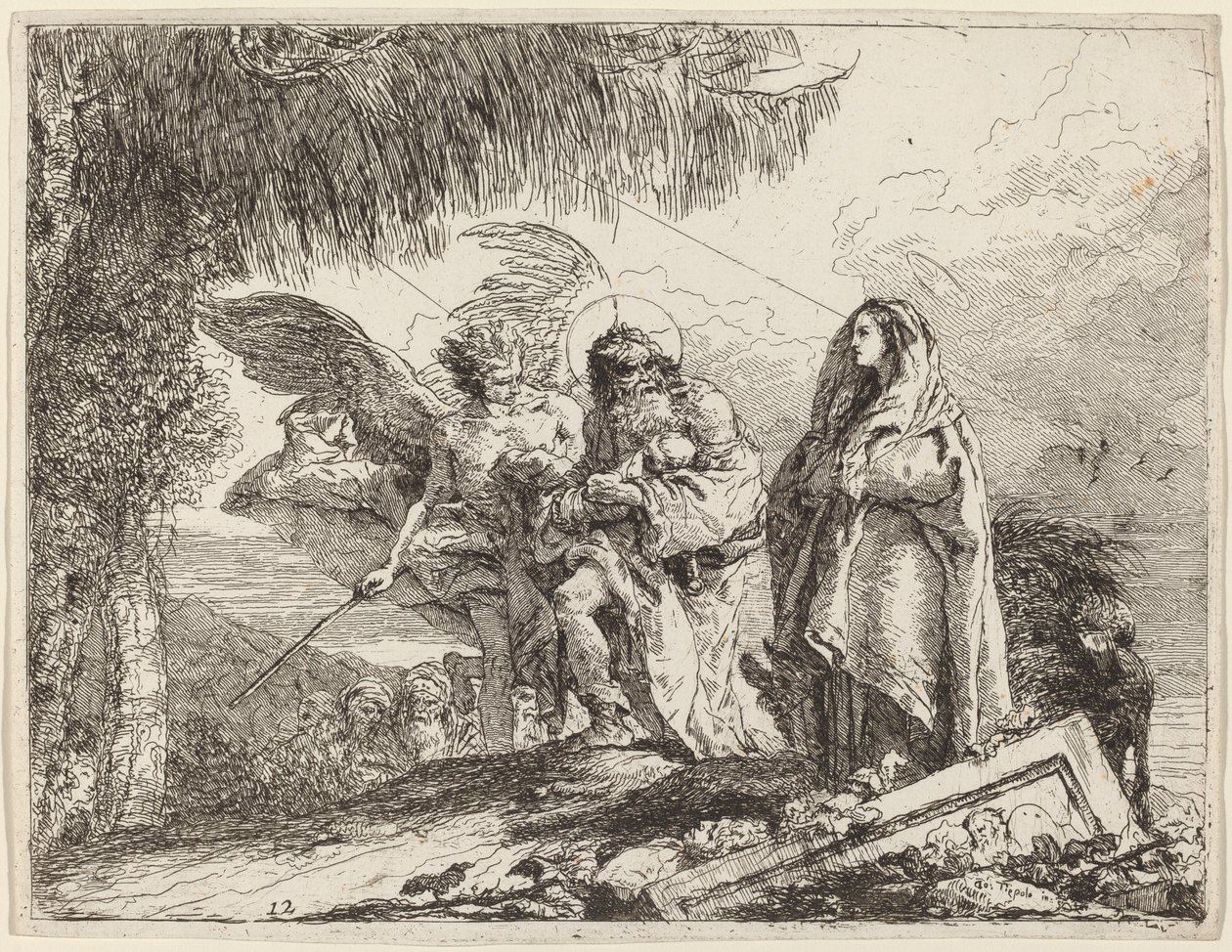 Die Flucht, Heilige Familie geht mit Engel von Giovanni Domenico Tiepolo