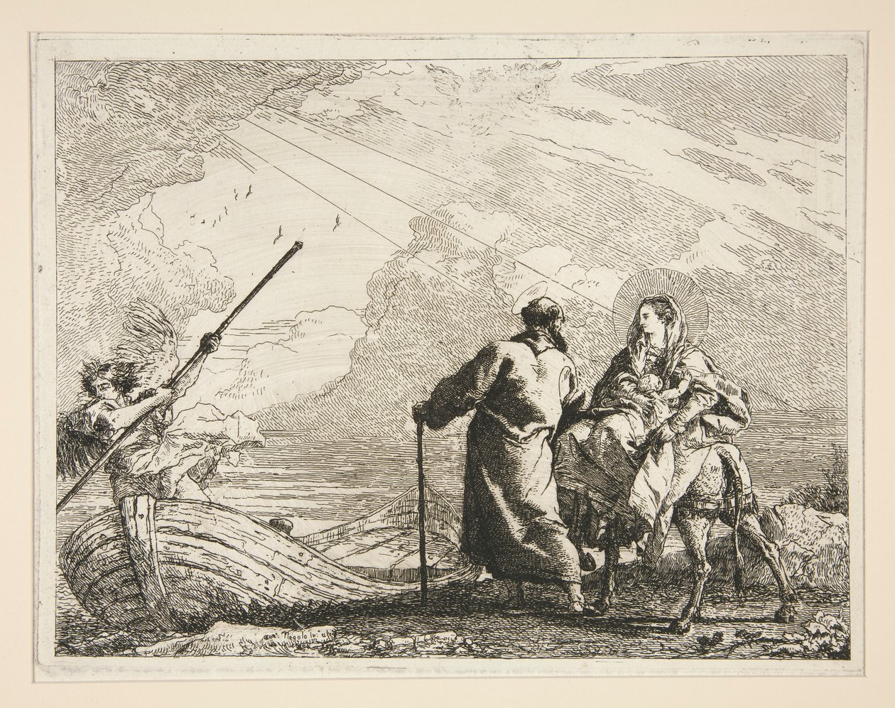 Die Heilige Familie erreicht das Ufer eines Flusses, aus der Serie Pittoreske Ideen über die Flucht nach Ägypten von Giovanni Domenico Tiepolo