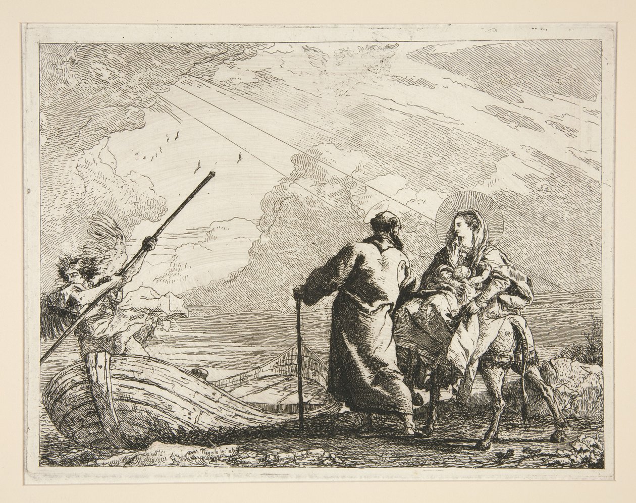 Die Heilige Familie erreicht das Ufer eines Flusses, aus der Serie Idee pittoresche sopra la fuga in Egitto (Flucht nach Ägypten) von Giovanni Domenico Tiepolo