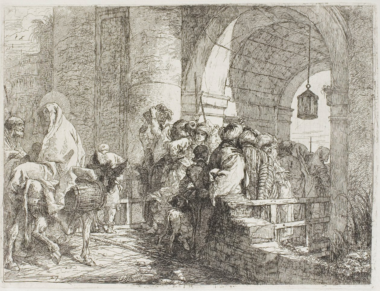 Die Heilige Familie kommt an einem Stadttor an, Platte 27 aus Die Flucht nach Ägypten von Giovanni Domenico Tiepolo