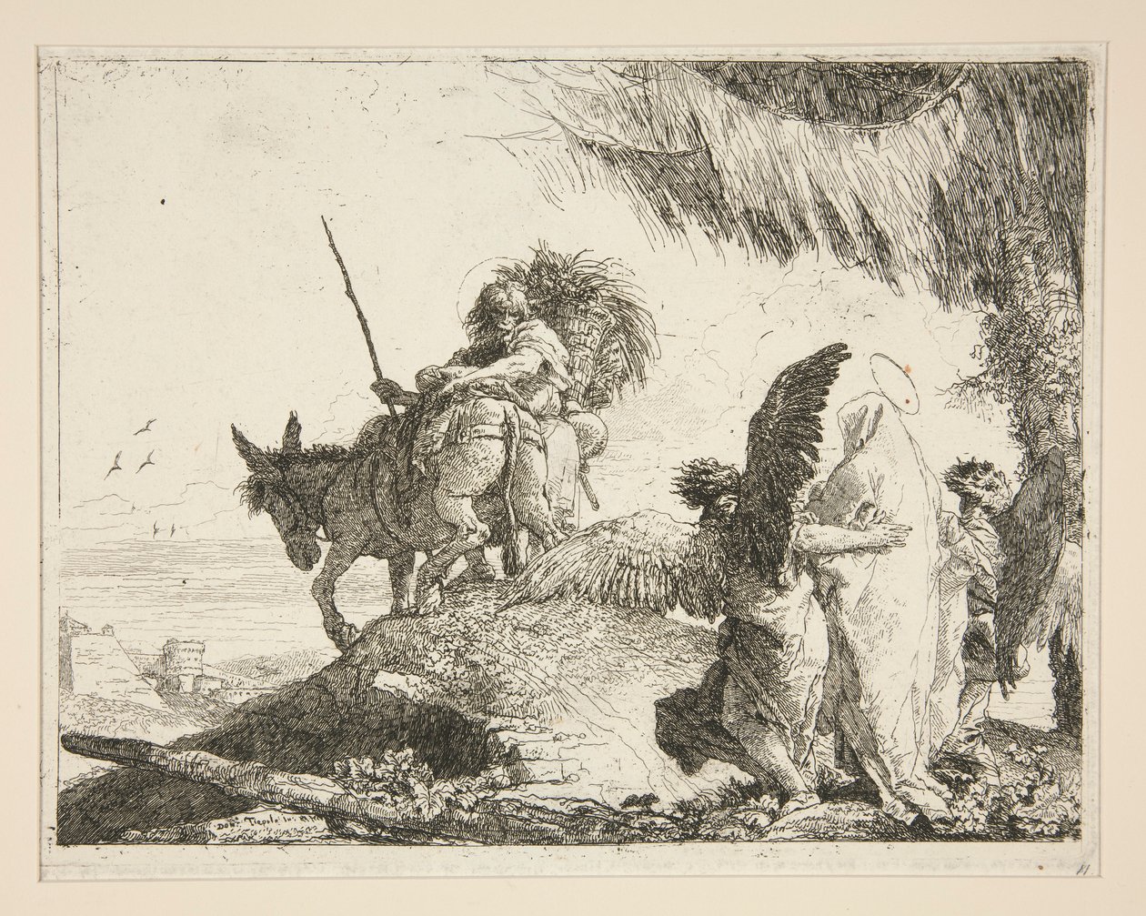 Die Heilige Familie zwischen zwei Engeln, aus der Serie Idee pittoresche sopra la fuga in Egitto (Flucht nach Ägypten) von Giovanni Domenico Tiepolo