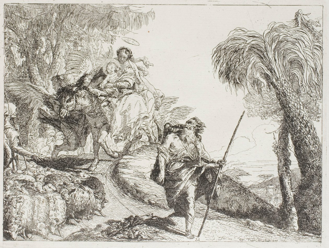 Die Heilige Familie auf einem Waldweg, in der Nähe einer Herde und einiger Hirten, Tafel 21 aus Die Flucht nach Ägypten von Giovanni Domenico Tiepolo