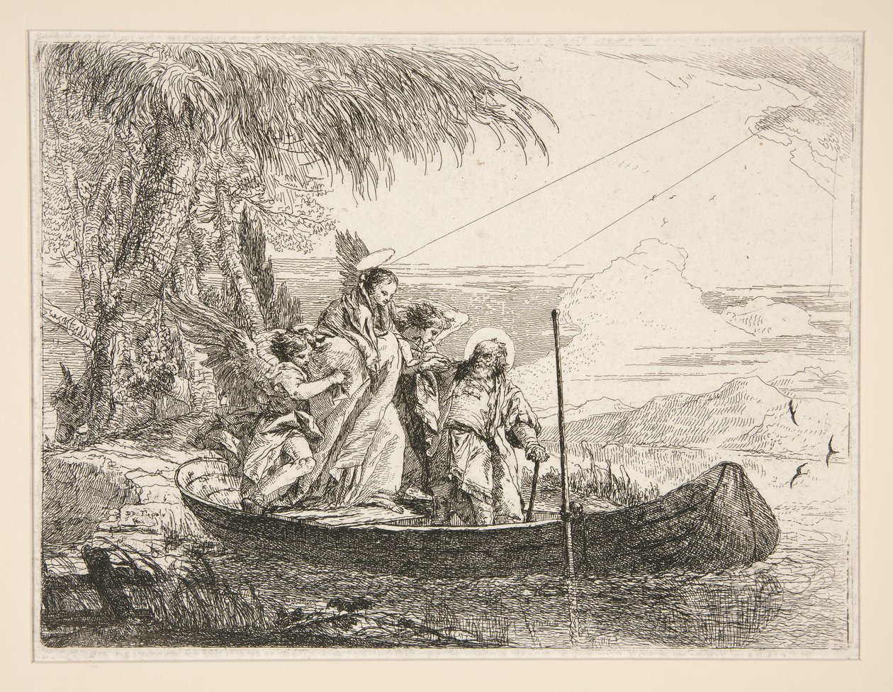 Die Heilige Familie besteigt ein Boot, aus der Serie Idee pittoresche sopra la fuga in Egitto von Giovanni Domenico Tiepolo