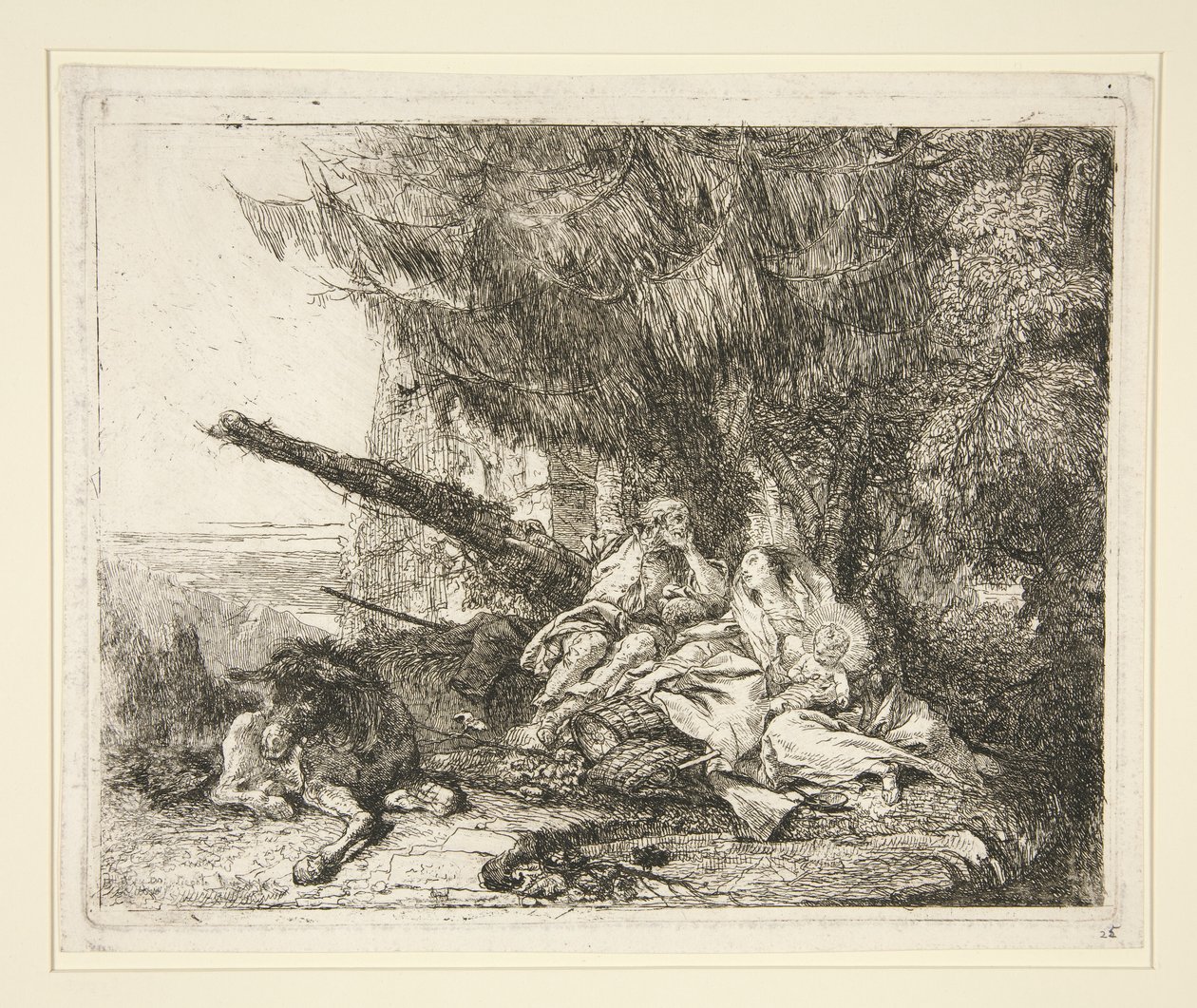 Die Rast auf der Flucht nach Ägypten, aus der Serie Idee pittoresche sopra la fuga in Egitto (Flucht nach Ägypten) von Giovanni Domenico Tiepolo