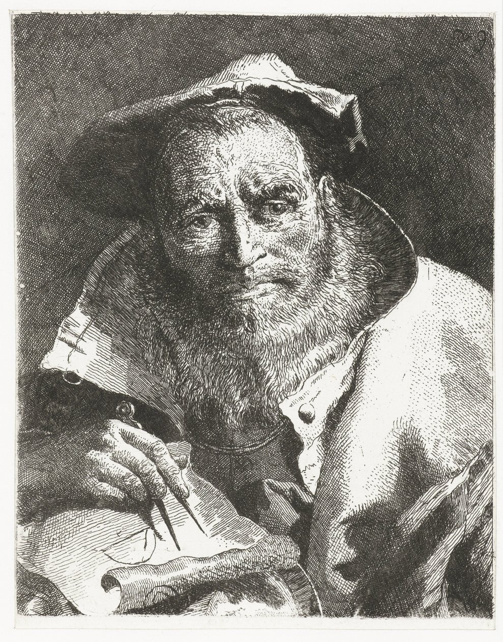 Wissenschaftler mit Barett auf dem Kopf und Zirkel in der Hand von Giovanni Domenico Tiepolo
