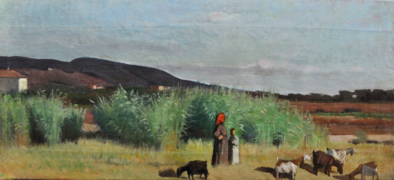 Zwei Bäuerinnen mit Herden in der Landschaft von Livorno, ca. 1865 von Giovanni Fattori