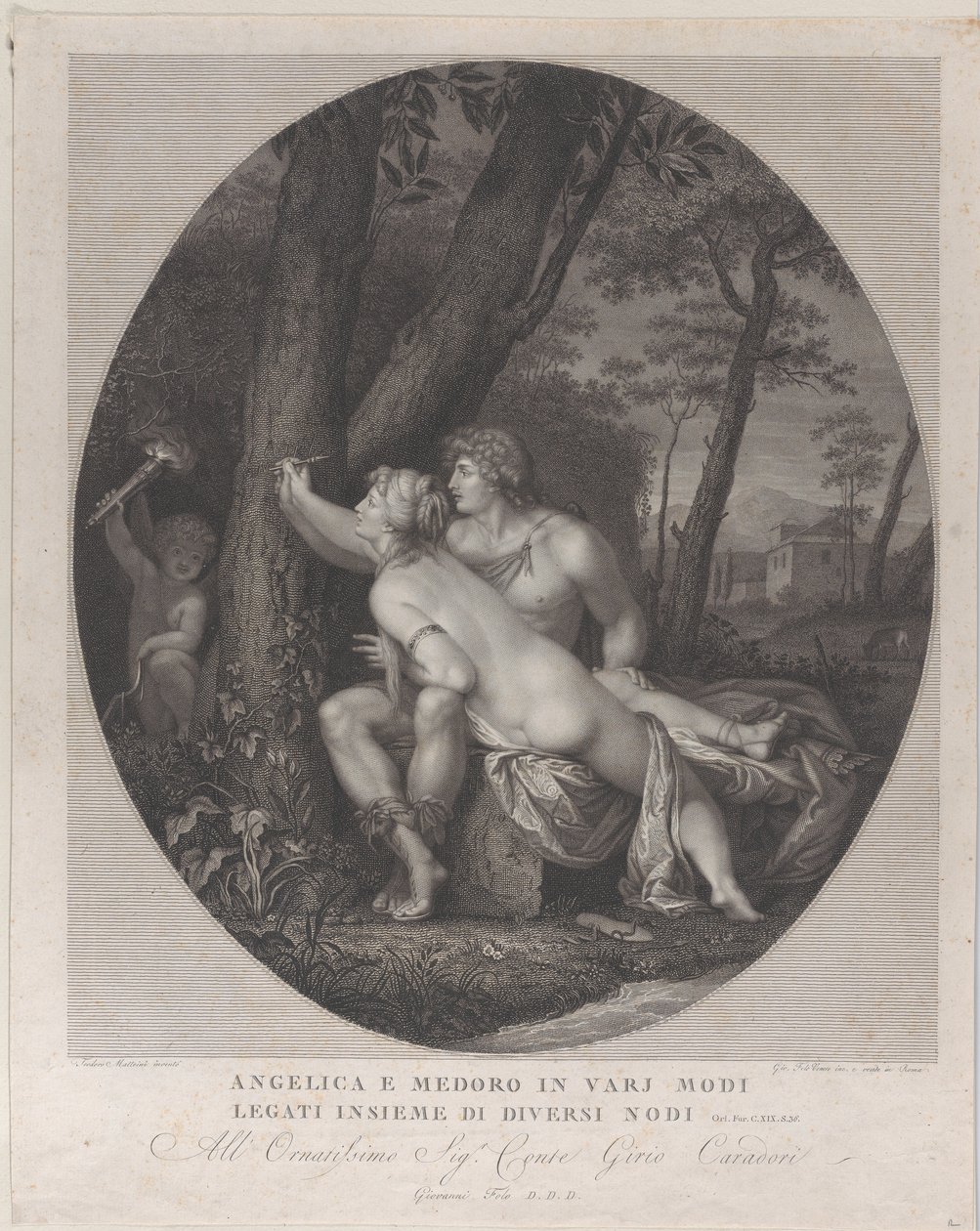 Angelica liegt auf dem Schoß von Medoro und schreibt ihre Namen auf einen Baumstamm, 1784-1836 von Giovanni Folo