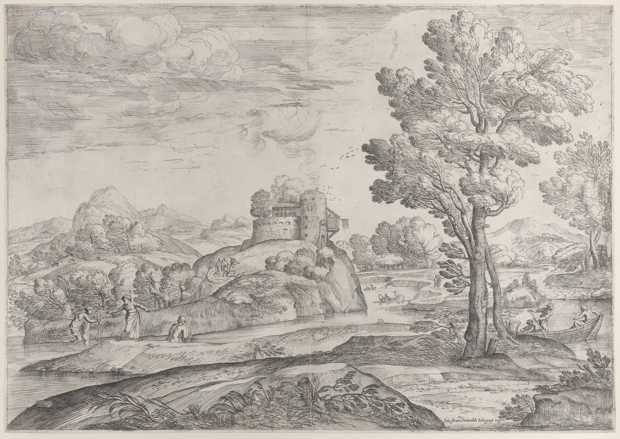 Ein Haus auf einem runden Felsen in der Mitte, Menschen im Fluss und in Kanus, 1626-80 von Giovanni Francesco Grimaldi