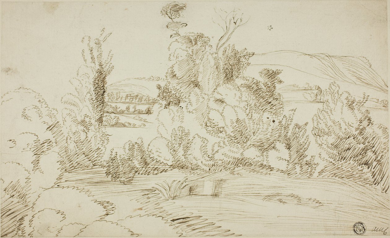 Baumgruppe mit Hügeln in der Ferne von Giovanni Francesco Grimaldi