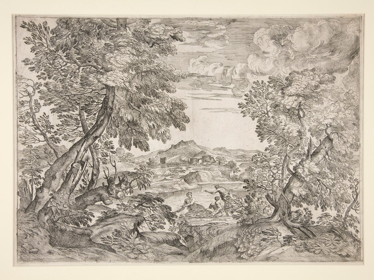 Landschaft mit drei Männern an einem Fluss von Giovanni Francesco Grimaldi