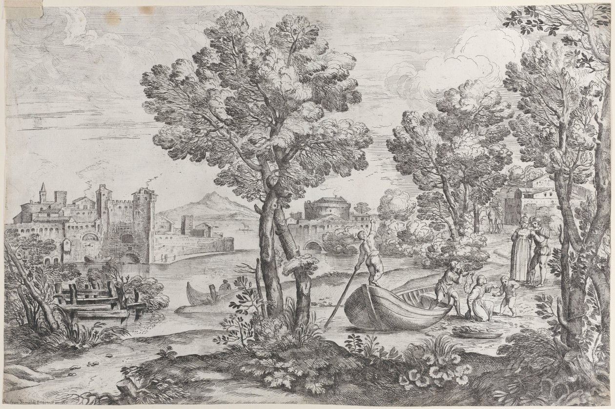Landschaft mit einem Mann, der eine Schlange zu einem verängstigten Kind hält, beobachtet von einer modisch gekleideten Dame, 1626-80 von Giovanni Francesco Grimaldi