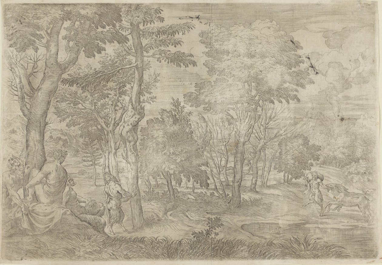 Landschaft mit Nymphen und Satyrn von Giovanni Francesco Grimaldi