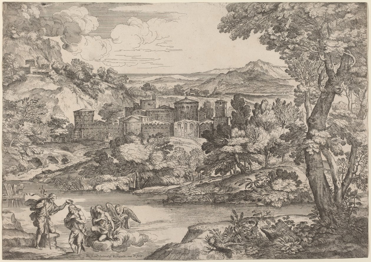 Die Taufe Christi in einer bergigen Landschaft von Giovanni Francesco Grimaldi