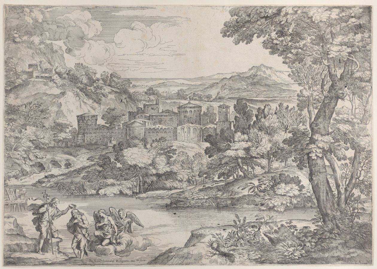 Die Taufe Christi unten links, in einer Landschaft von Giovanni Francesco Grimaldi