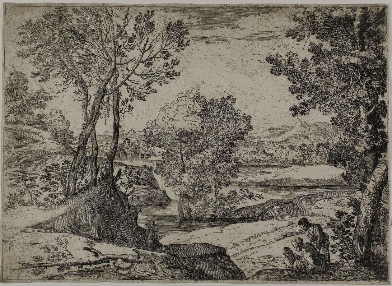 Frau, ihr Kind und ein stehender Mann in einer Landschaft von Giovanni Francesco Grimaldi