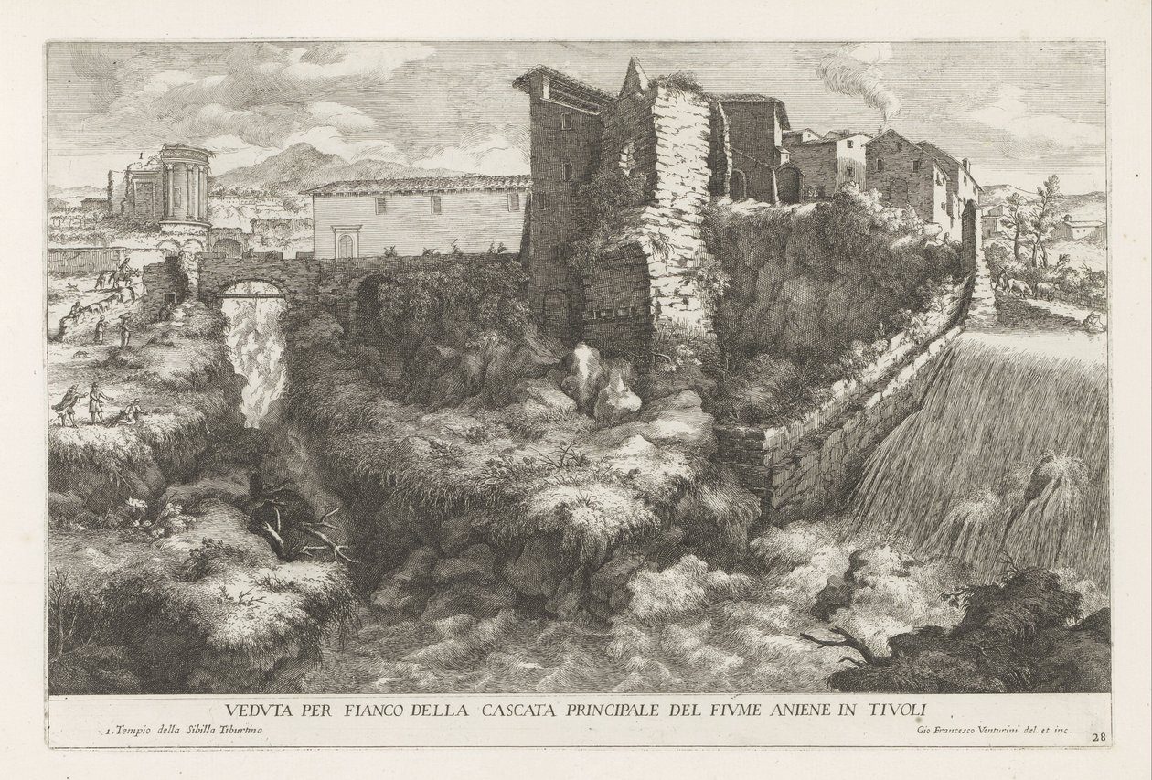 Landschaft mit Wasserfall und Tempel der Tiburtinischen Sibylle in Tivoli von Giovanni Francesco Venturini