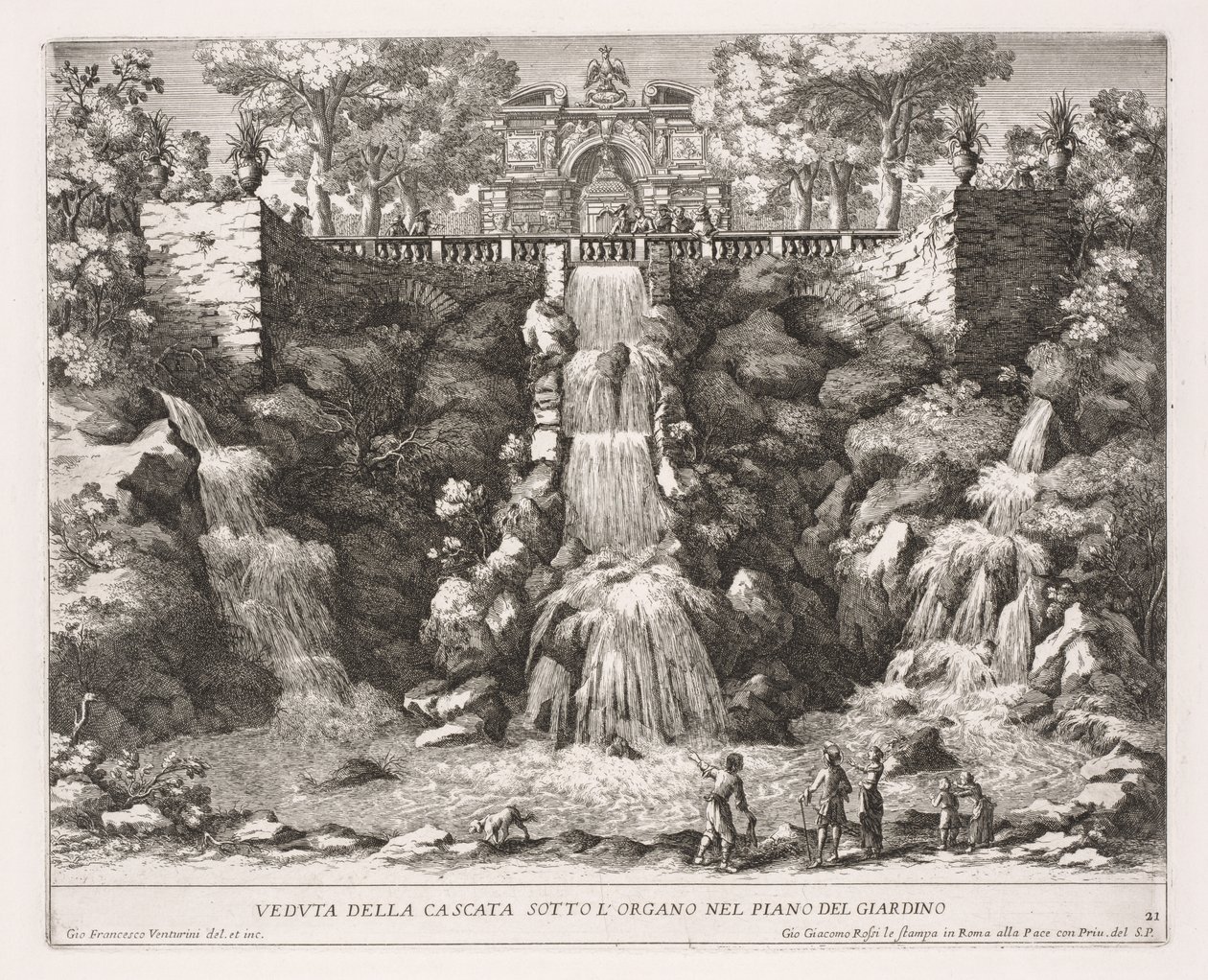 Die Brunnen von Rom (Le fontane di Roma), Buch IV, Platte 21: Ansicht des Wasserfalls unterhalb der Orgel aus dem Garten (Veduta della Cascata Sotto L