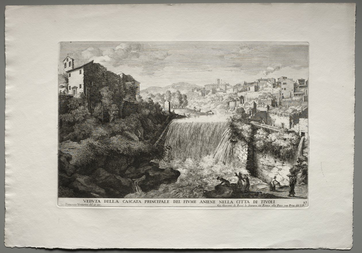 Die Brunnen von Rom (Le fontane di Roma), Buch IV, Platte 27: Ansicht des Hauptwasserfalls des Flusses Aniene in der Stadt Tivoli (Veduta della Cascata Principale del Fiume Aniene nelle citta di Tivoli) von Giovanni Francesco Venturini