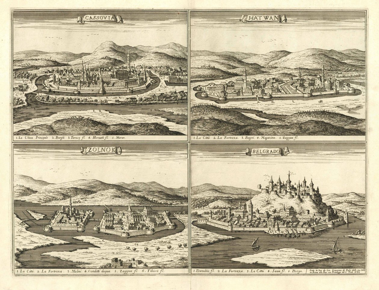 Kassa, Hatvan, Szolnok és Belgrád vára (Giovanni Giacomo De Rossi, 1683) von Giovanni Giacomo De Rossi