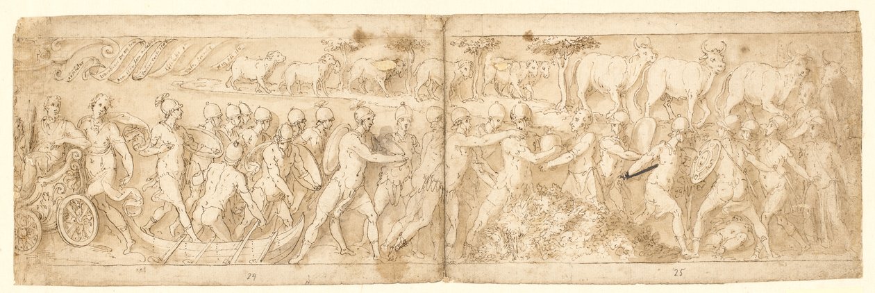 Barbarische Flüchtlinge und ihre Tiere werden aus ihrem Versteck geholt (CXVI); oben links das Ende einer Kartusche mit einer Schriftrolle (Guerra