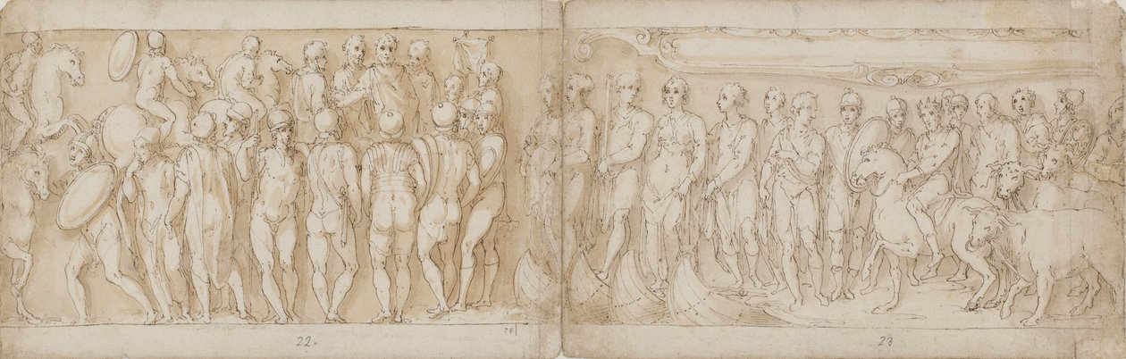 Barbaren begrüßen den Kaiser (CXIV); Deutsche und Sarmaten werden per Schiff über die Donau gebracht (von Guerra anders interpretiert; CXV) von Giovanni Guerra