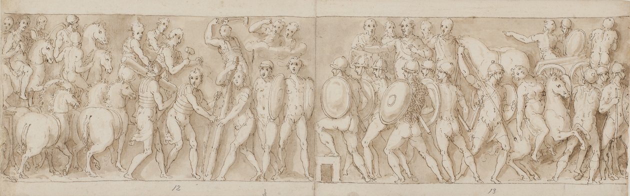 Ende eines Marsches des Kaisers mit seinen Legionären und Wachen (Ende von XCIII); die Römer bauen ein Lager (Anfang von XCIV); die Römer auf einem Marsch mit dem Kaiser (XXXV / XXXVI) von Giovanni Guerra