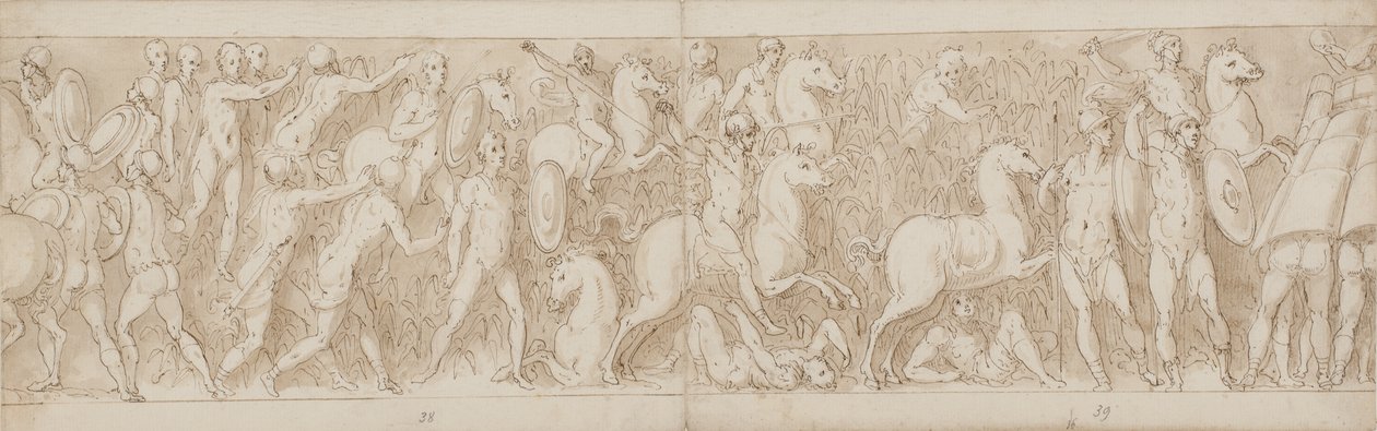 Ende eines restaurierten Teils der Säule; die Sarmaten werden in den Sumpf verfolgt; die Römer greifen eine germanische Festung an von Giovanni Guerra