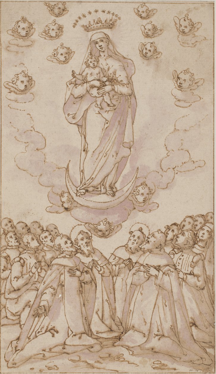 Madonna und Kind auf einer Mondsichel, die einer Gruppe von Heiligen, Priestern und Laien erscheint von Giovanni Guerra