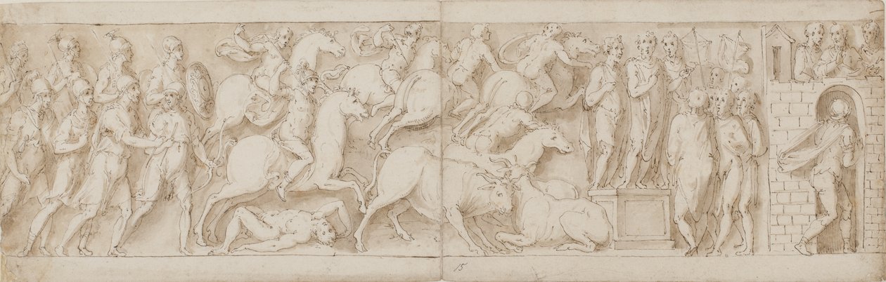 Römische Bogenschützen(?), Römischer Angriff (XCIX); Marcus Aurelius spricht zu seinen Wachen (C); Marcus Aurelius erhält eine Warnung (CI) von Giovanni Guerra