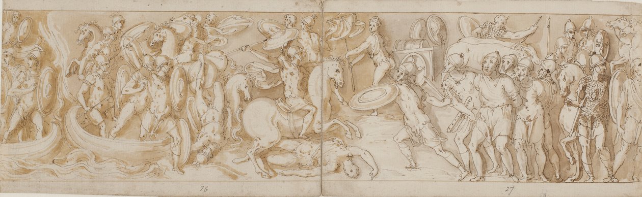 Römische Soldaten überqueren einen Fluss in Booten (weitgehend restauriert; XXXIV)2; ein kämpfender römischer Soldat (vom Ende von XXIV); römische Wachen bringen barbarische Gefangene vor den Kaiser (im Zeichnen weggelassen; Ende von XXV); Beginn eines Mar von Giovanni Guerra