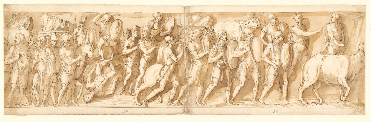 Römer auf dem Marsch (XXXVI); Marcus Aurelius, Pompeius und ein Begleiter beobachten den Marsch (XXXVII); eine Rast auf dem Marsch (XXXVIII) von Giovanni Guerra