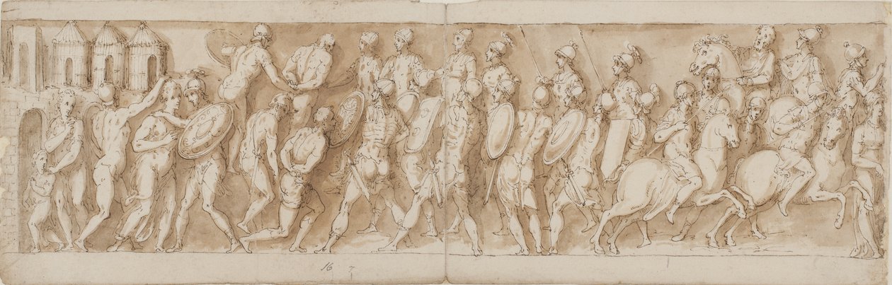 Sarmatische Anführer werden von den Römern überrascht und ihre Häuser in Brand gesetzt (CII); die Ankunft der Legionäre und des Kaisers (von Guerra weggelassen) (CIII) von Giovanni Guerra