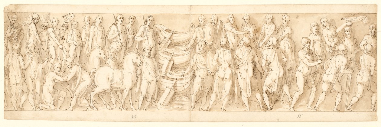 Die Sarmaten ergeben sich (LIII); Deutsche werden über die Donau geführt (LIX); Deutsche werden von Sarmaten vor Marcus Aurelius angeklagt (LX); Beginn einer Enthauptungsszene (LXI) von Giovanni Guerra