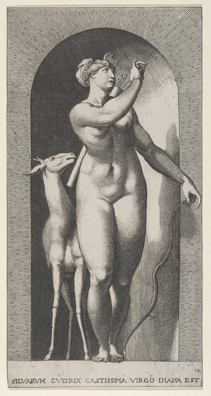 Tafel 12: Diana steht in einer Nische, dreht sich nach links und zieht einen Pfeil heraus von Giovanni Jacopo Caraglio