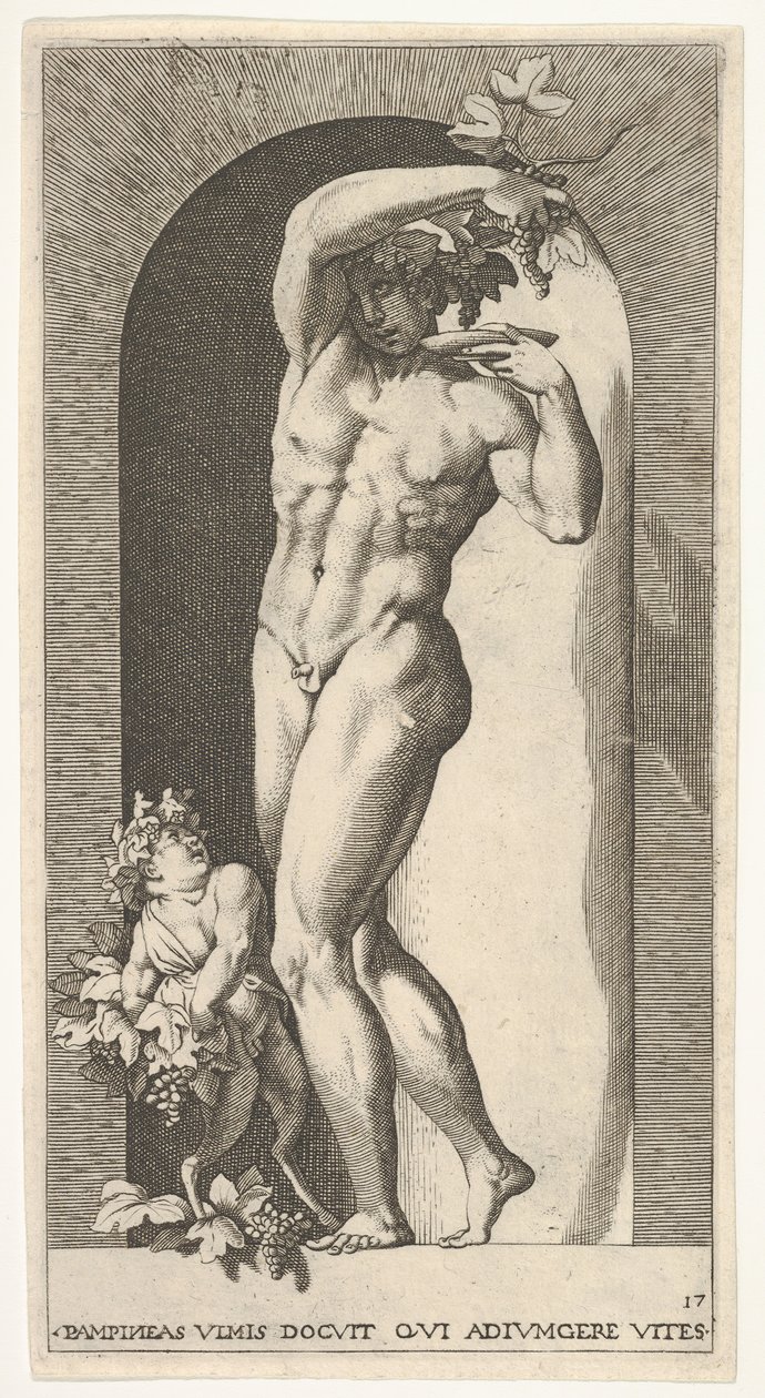 Tafel 17: Bacchus steht in einer Nische und hält Trauben über einen Teller, begleitet von einem Kind..., 1526 von Giovanni Jacopo Caraglio