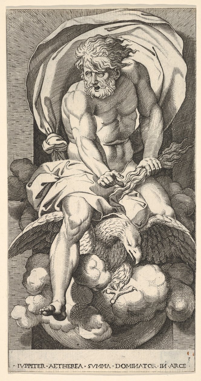 Platte 3: Jupiter, der aus einer Nische auftaucht, auf einem Adler reitet und einen Blitz in seiner Hand hält von Giovanni Jacopo Caraglio