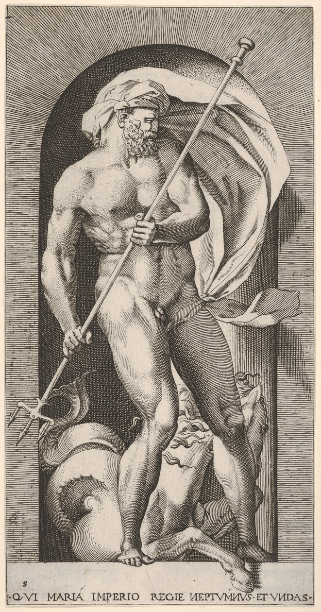 Tafel 5: Neptun steht in einer Nische und hält einen Dreizack, mit einem Hippocampus-See-Pferd, 1526 von Giovanni Jacopo Caraglio