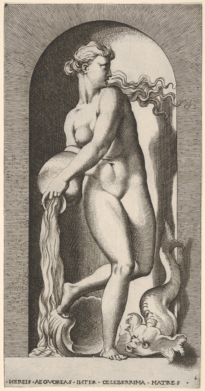 Platte 6: Thetis steht in einer Nische mit einer Muschel und einem Meereswesen und gießt Wasser aus, 1526 von Giovanni Jacopo Caraglio