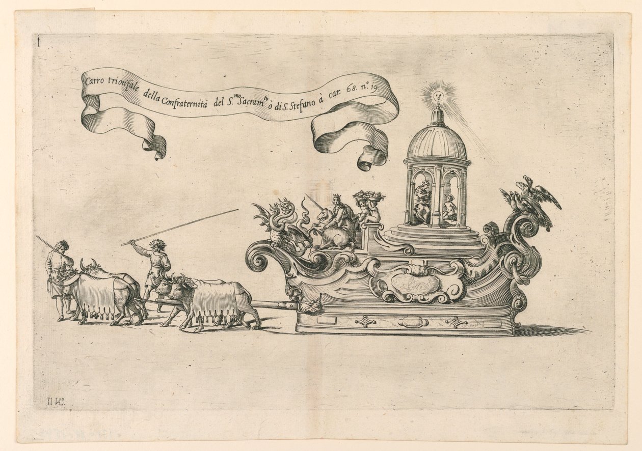 Ein Festwagen in Reggio, Italien: "Carro trionfale della Confraternità del S.to Sacrame.to di S. Stefano" (Der Triumphwagen der Bruderschaft des Heiligen Sakraments von St. Stephan). Tafel 2a aus A. Isacchi, "Relatione di Alfonso Isachi intorno l