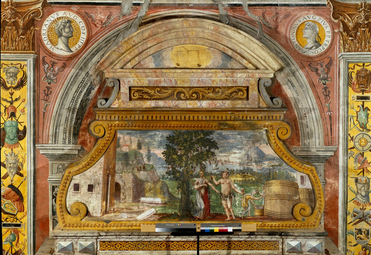Sternzeichen: „Die Waage“ mit Medaillons der Kaiser Hadrian und Antoninus Pius. Szene mit Bacchus. Fresko von Giovanni Maria Falconetto (1520) von Giovanni Maria Falconetto