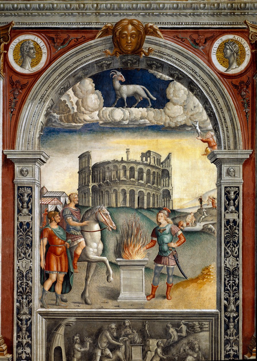 Sternzeichen: „Der Widder“ Oben Medaillons mit Porträts von Julius Caesar und Augustus. Unten, Legende zur Entstehung der Konstellation des Zeichens: Caius Mucius Scaevola im feindlichen Lager des etruskischen Königs von Giovanni Maria Falconetto