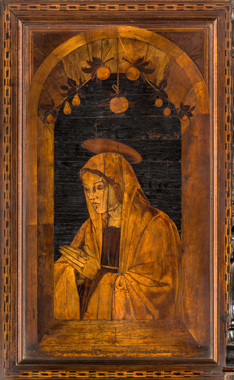 Kanonischer Chor aus Holz, Intarsien von Giovanni Maria Platina 1484, Oberer Stall von Giovanni Maria Platina